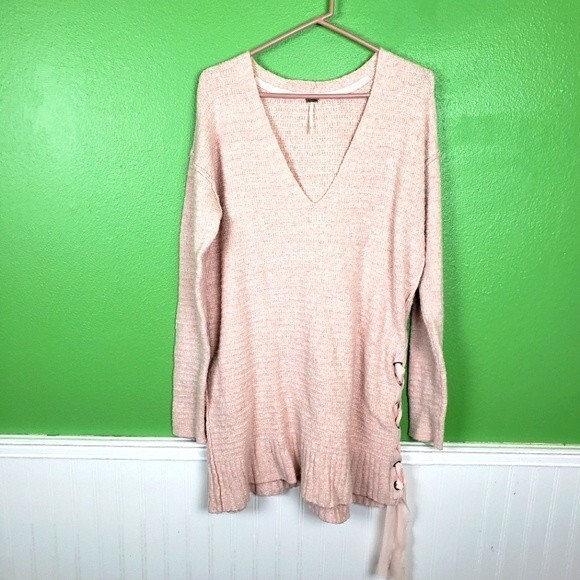 Free People Sweaters - Free People Oversized Baby Pink Knit Tunic Laced Cotton Sweater Dress Size Small